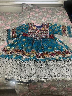 Embroidered Teal & Gold Festive Dress with Lace Trim